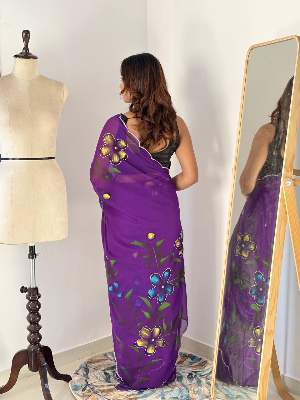 Purple Hand Printed Georgette Saree