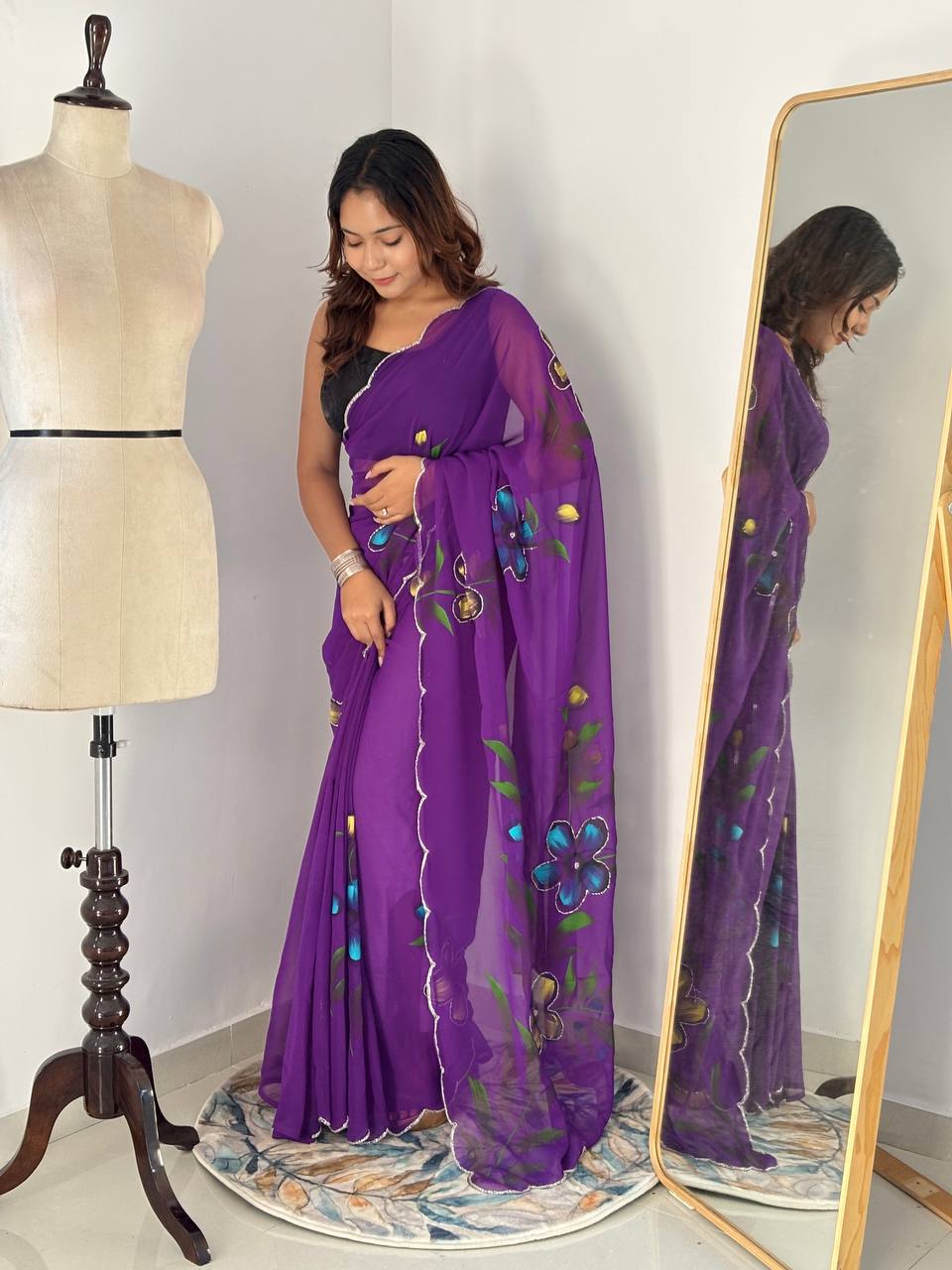 Purple Hand Printed Georgette Saree