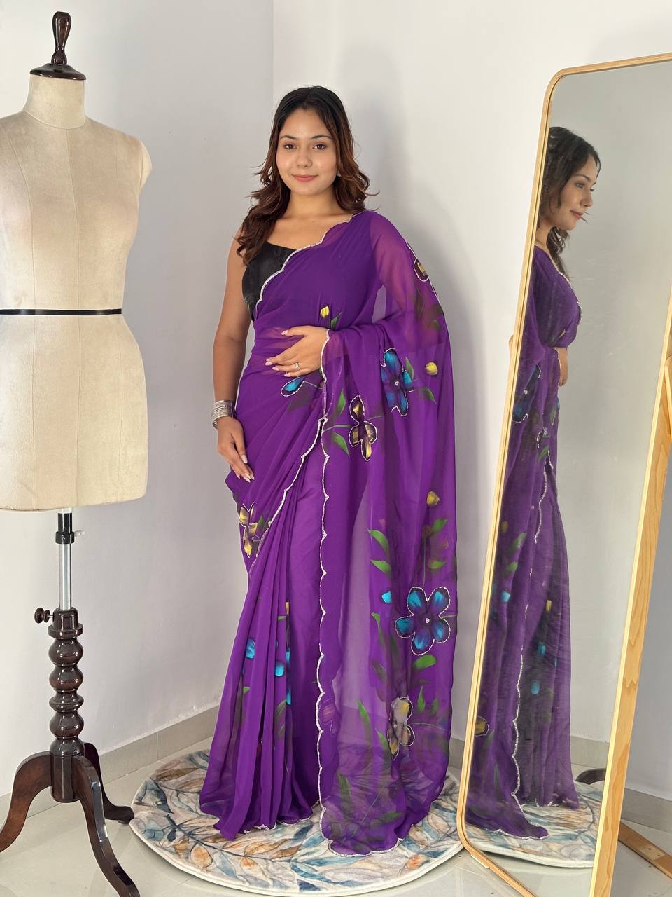 Purple Hand Printed Georgette Saree