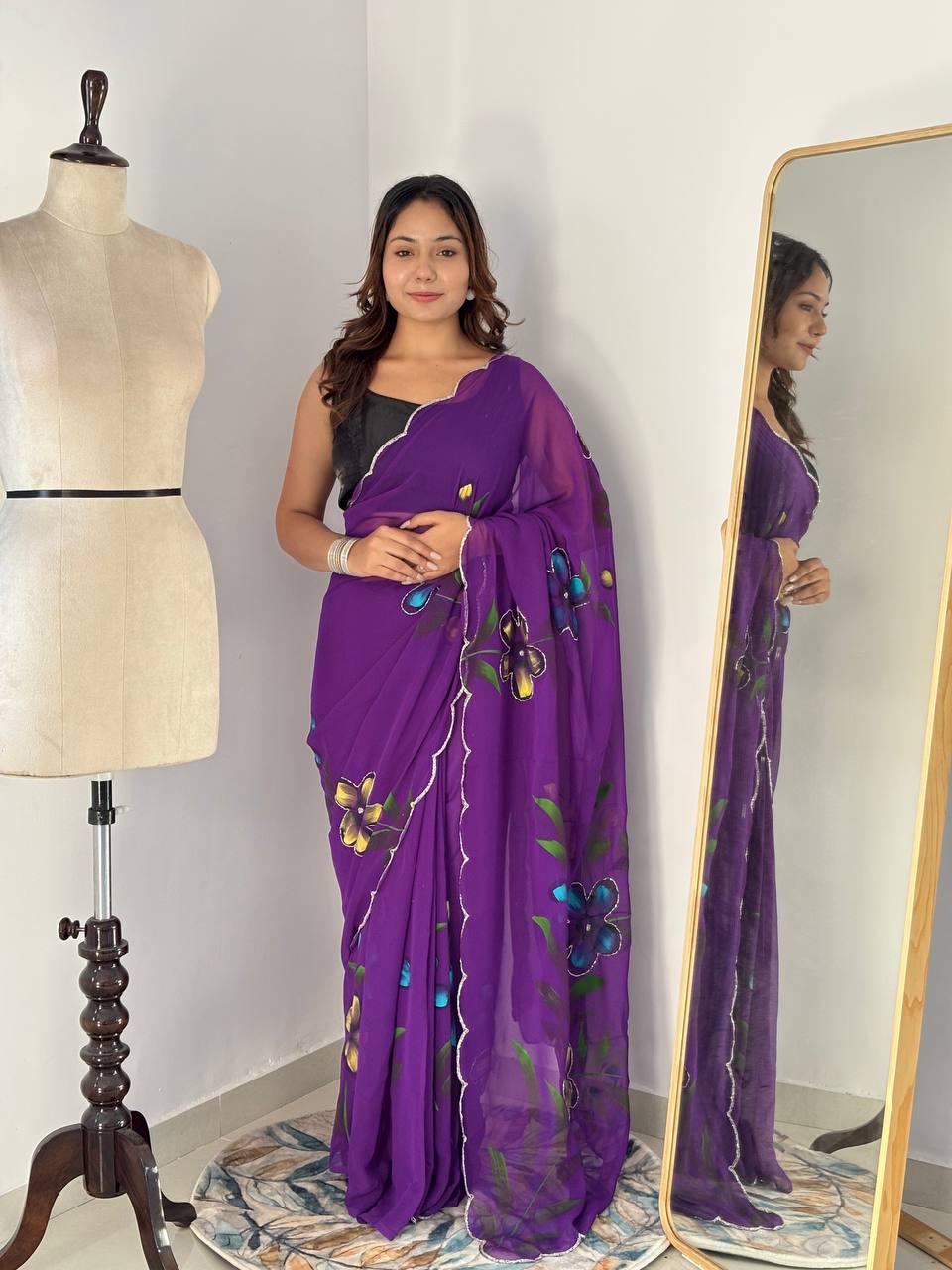 Purple Hand Printed Georgette Saree