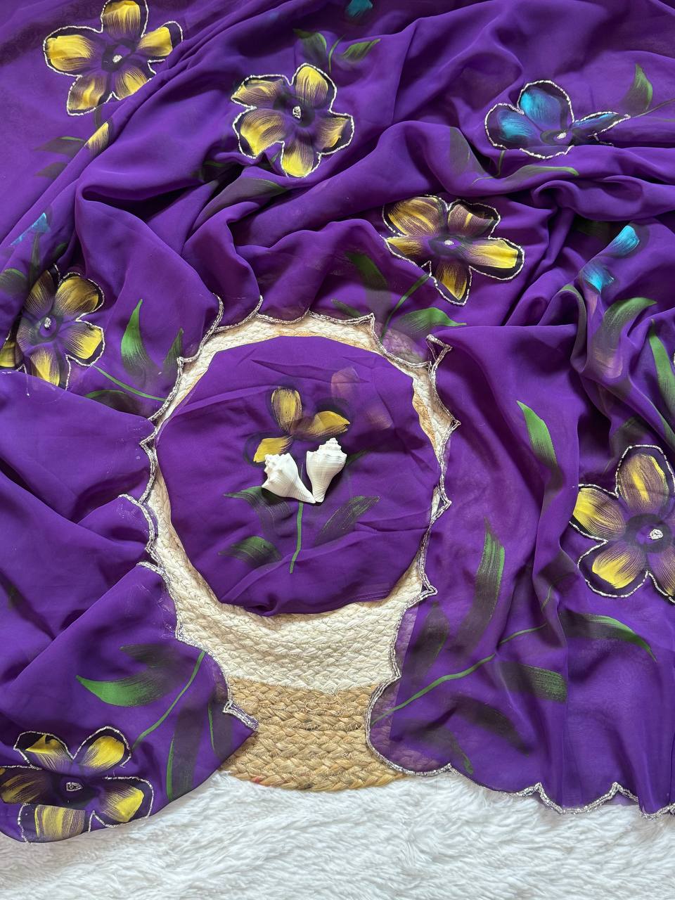 Purple Hand Printed Georgette Saree