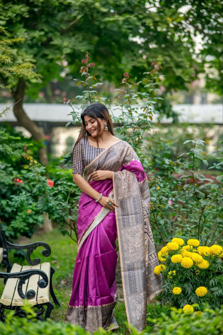 Purple Madhubani Printed Tussar Silk Saree