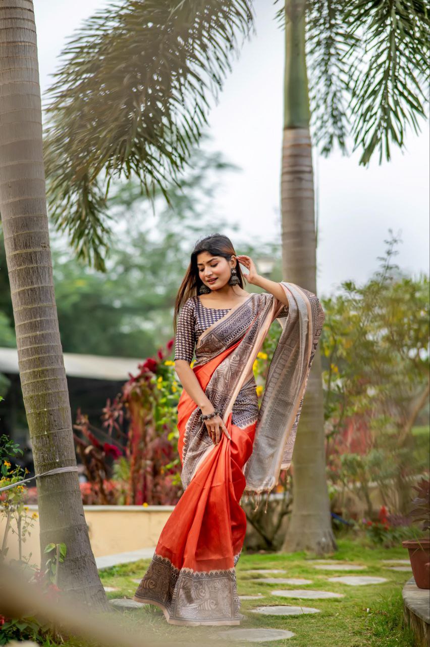 Orange Madhubani Printed Tussar Silk Saree