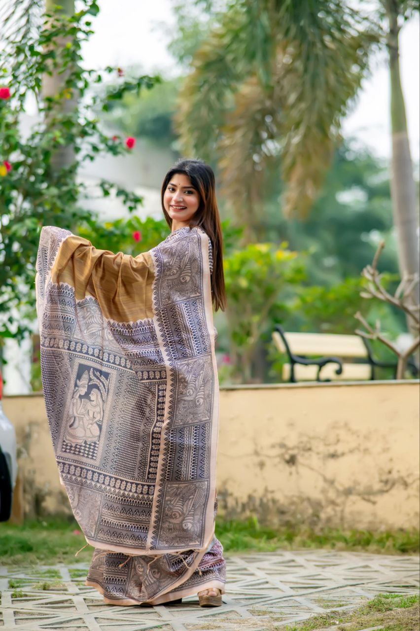 Madhubani Printed Tussar Silk Saree