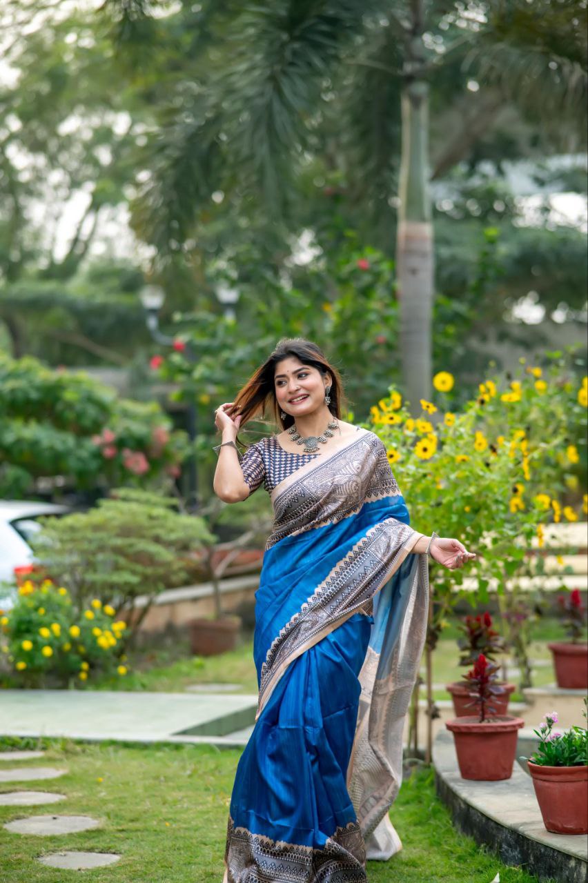 Blue Madhubani Printed Tussar Silk Saree