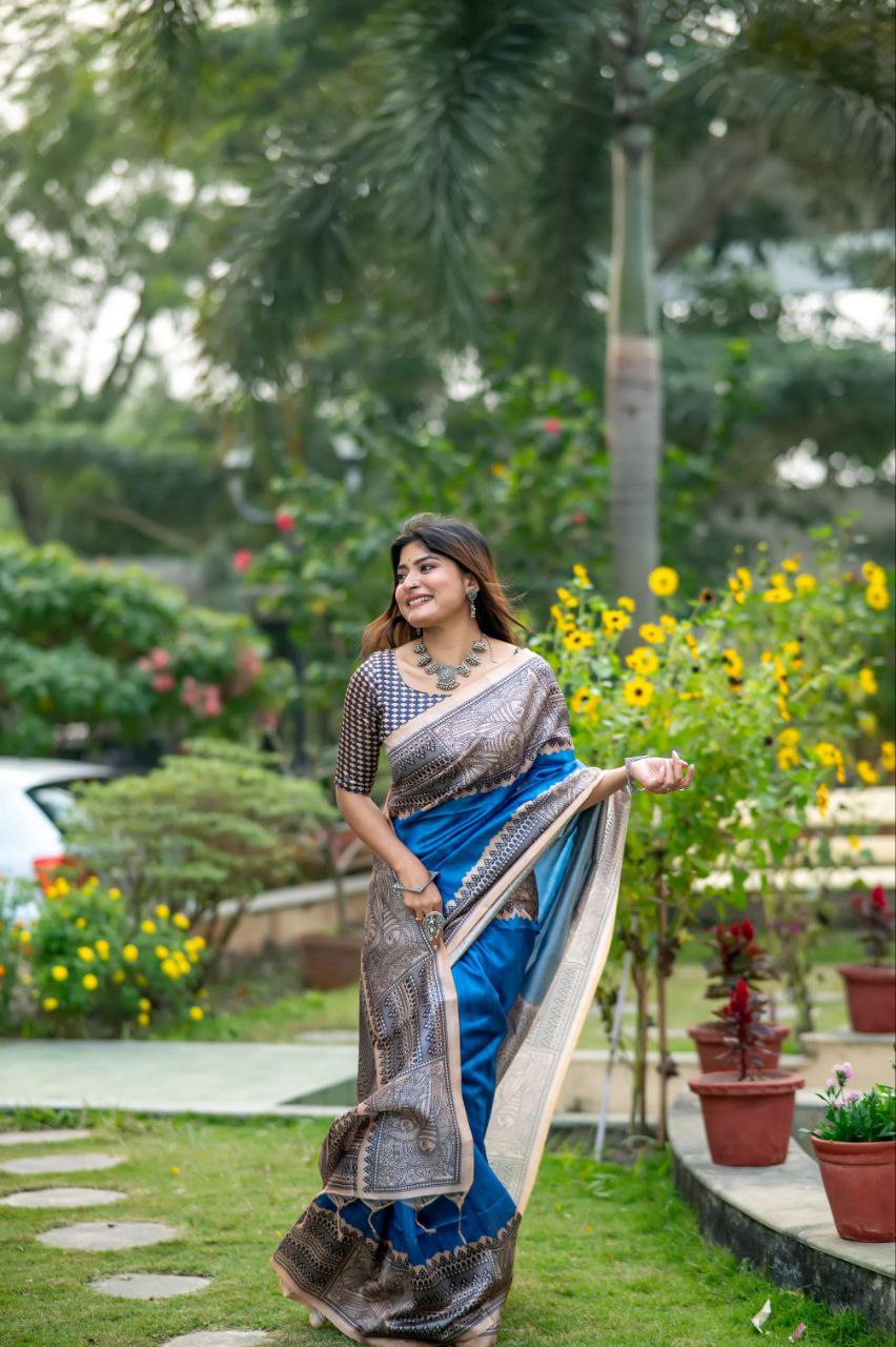 Blue Madhubani Printed Tussar Silk Saree