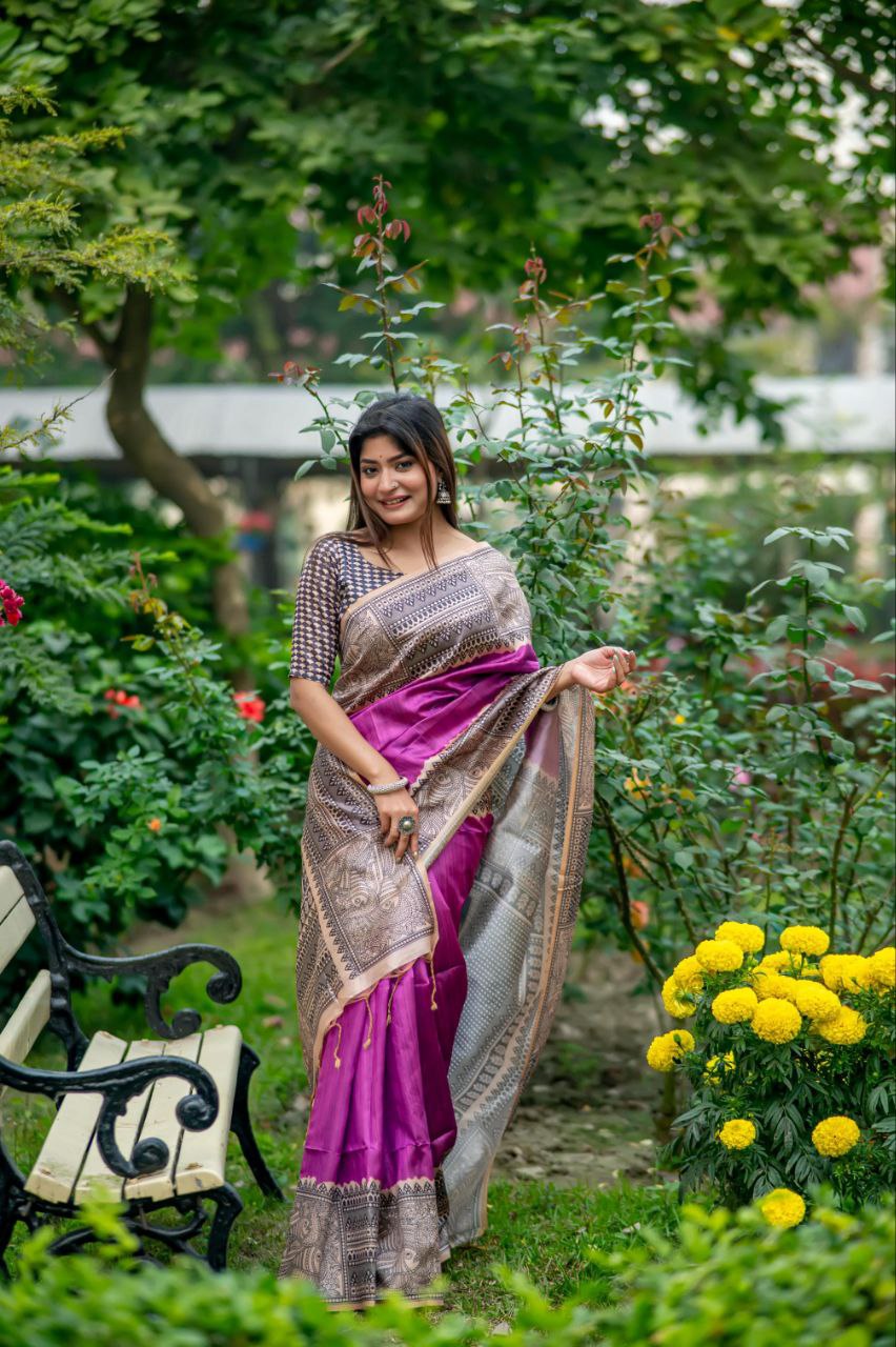 Purple Madhubani Printed Tussar Silk Saree