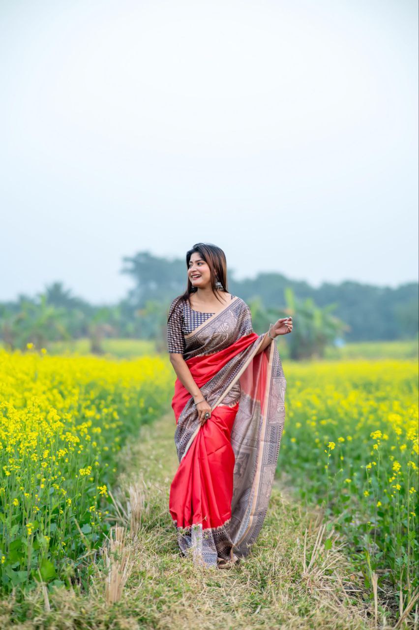 Red Madhubani Printed Tussar Silk Saree