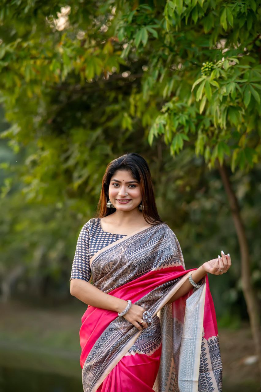 Pink Madhubani Printed Tussar Silk Saree