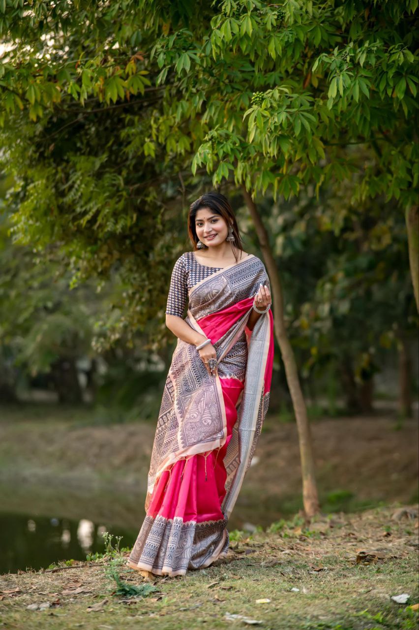 Pink Madhubani Printed Tussar Silk Saree