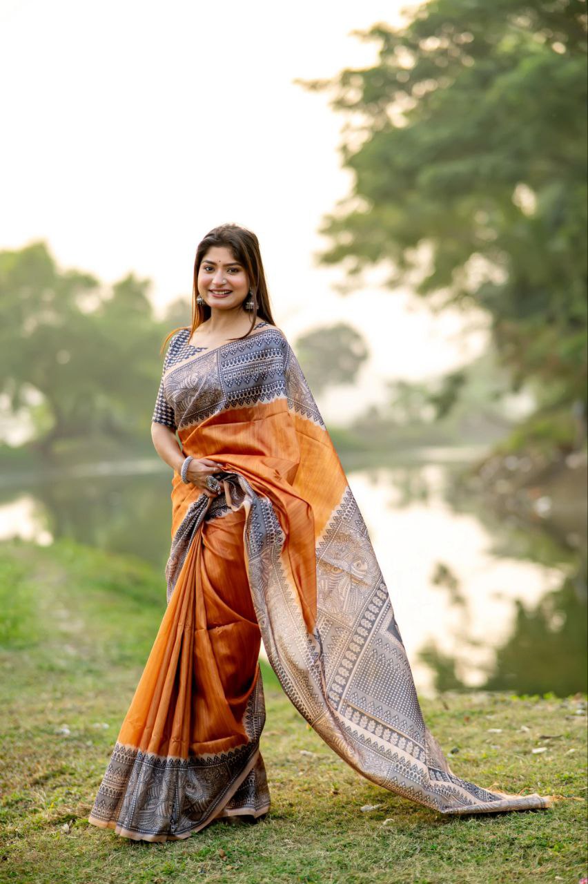 Madhubani Printed Tussar Silk Saree