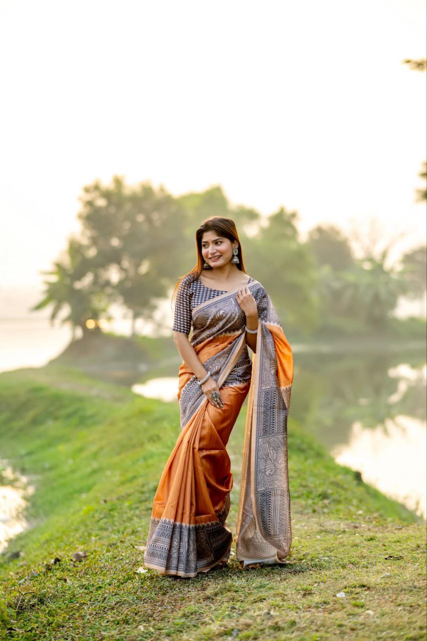 Madhubani Printed Tussar Silk Saree