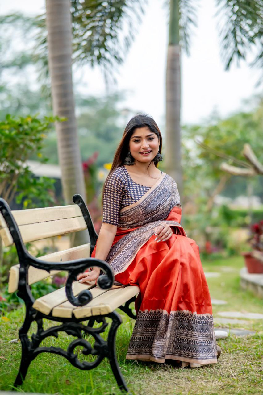 Orange Madhubani Printed Tussar Silk Saree