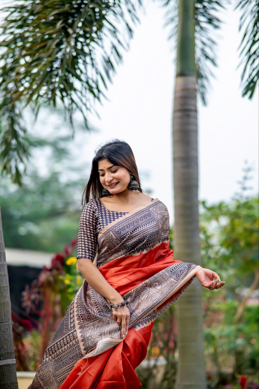 Orange Madhubani Printed Tussar Silk Saree