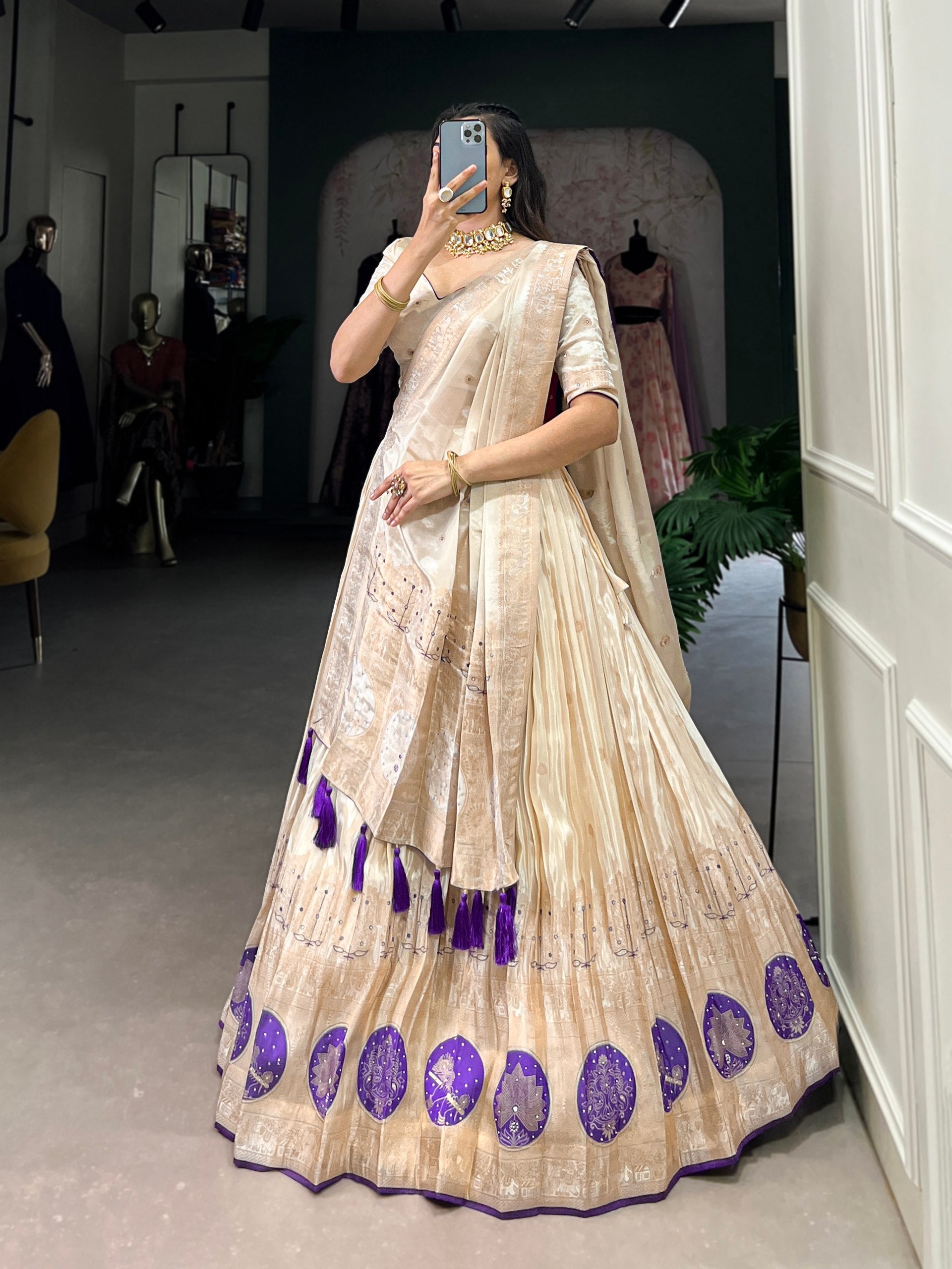 Purple & Off White Shimmer Lehenga For Wedding