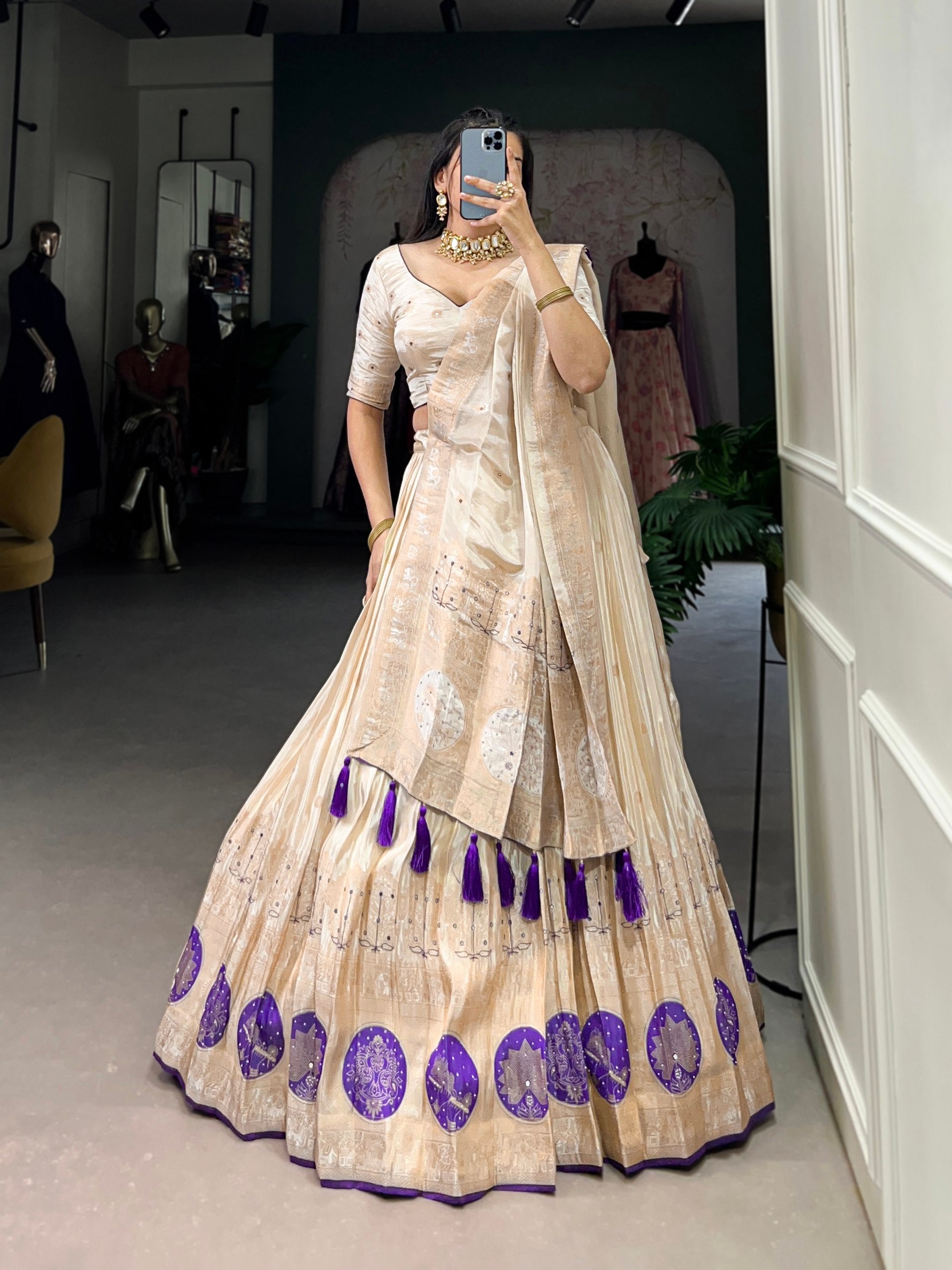 Purple & Off White Shimmer Lehenga For Wedding