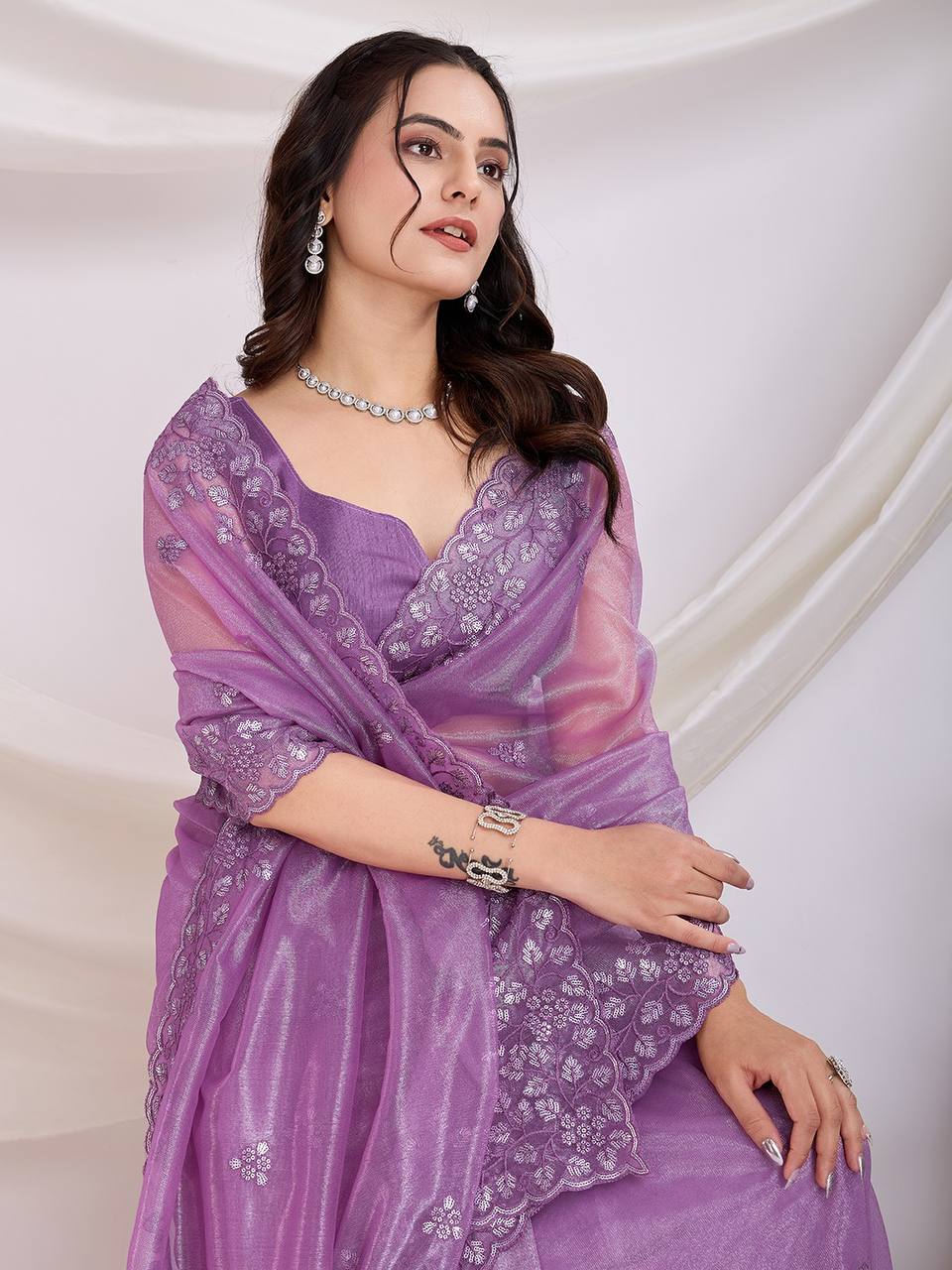 Purple Party Wear Gold Twill Net Saree