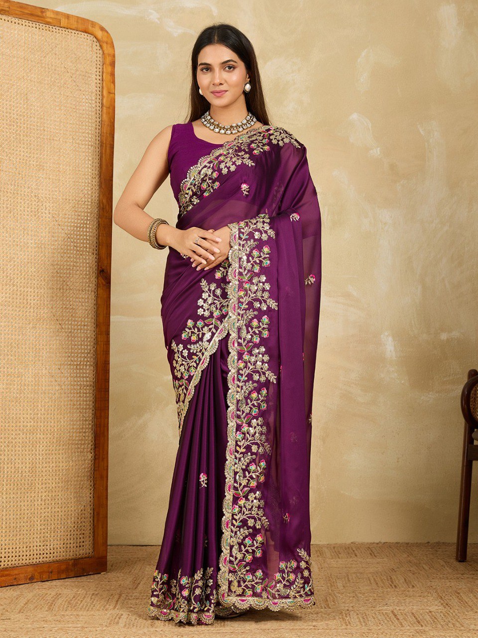 Purple Party Wear Soft Rangoli  Silk Saree
