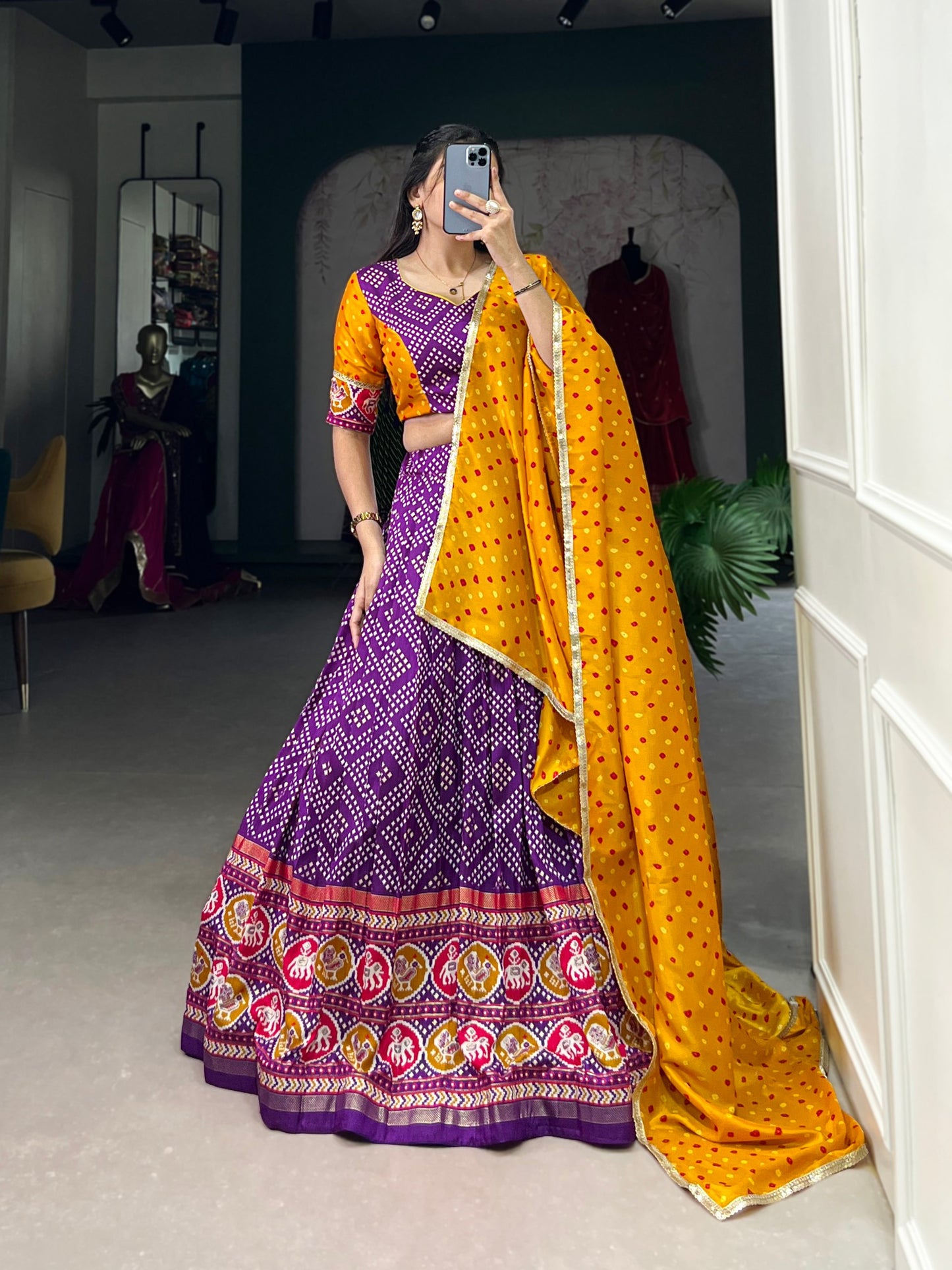 Purple Patola Printed Tussar Silk Lehenga