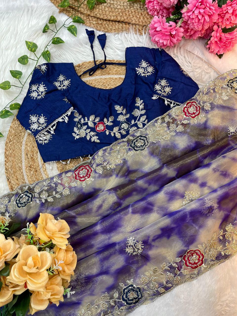 Purple Prism Printed Twill Net Saree