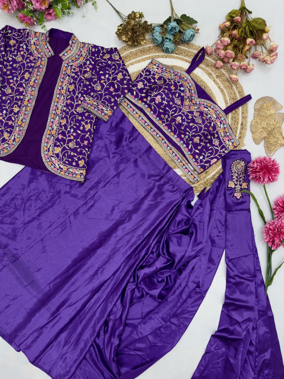 Purple Ready To Wear Diamond Satin Silk Saree
