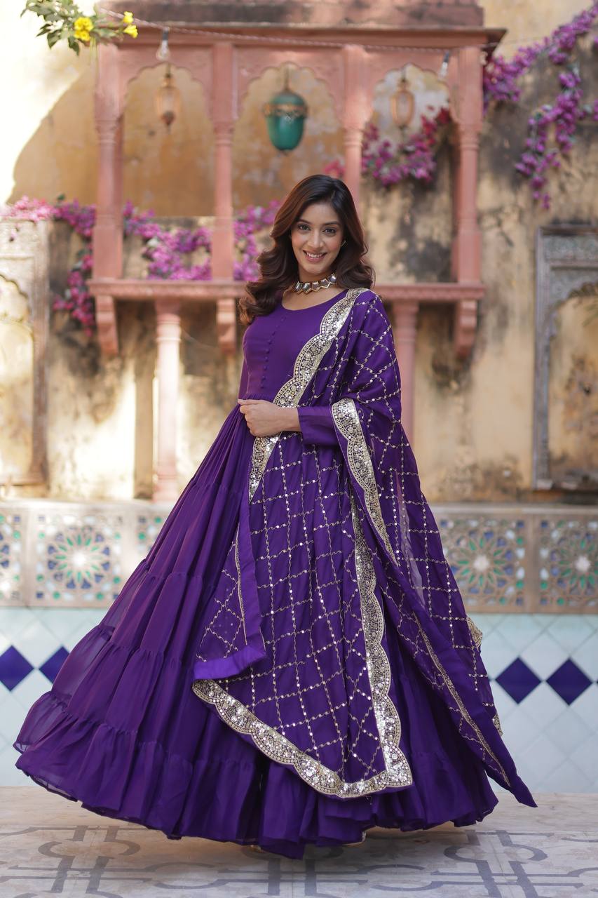 Purple Traditional Indian Gown Dress With Dupatta