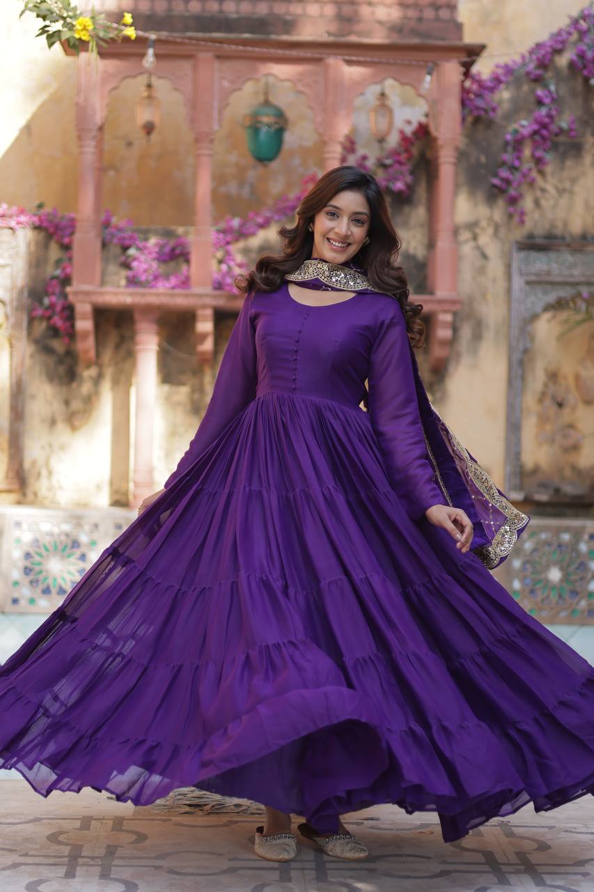 Purple Traditional Indian Gown Dress With Dupatta