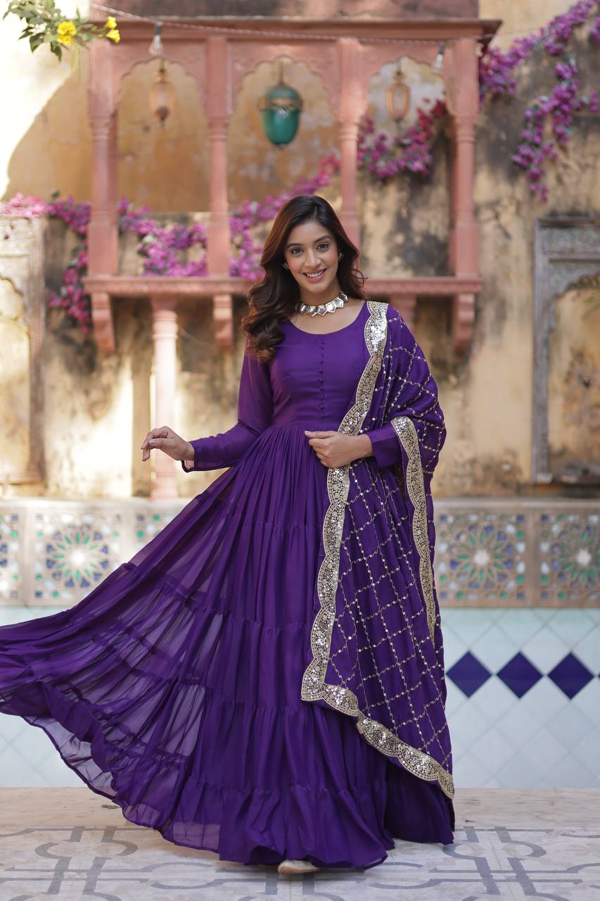 Purple Traditional Indian Gown Dress With Dupatta