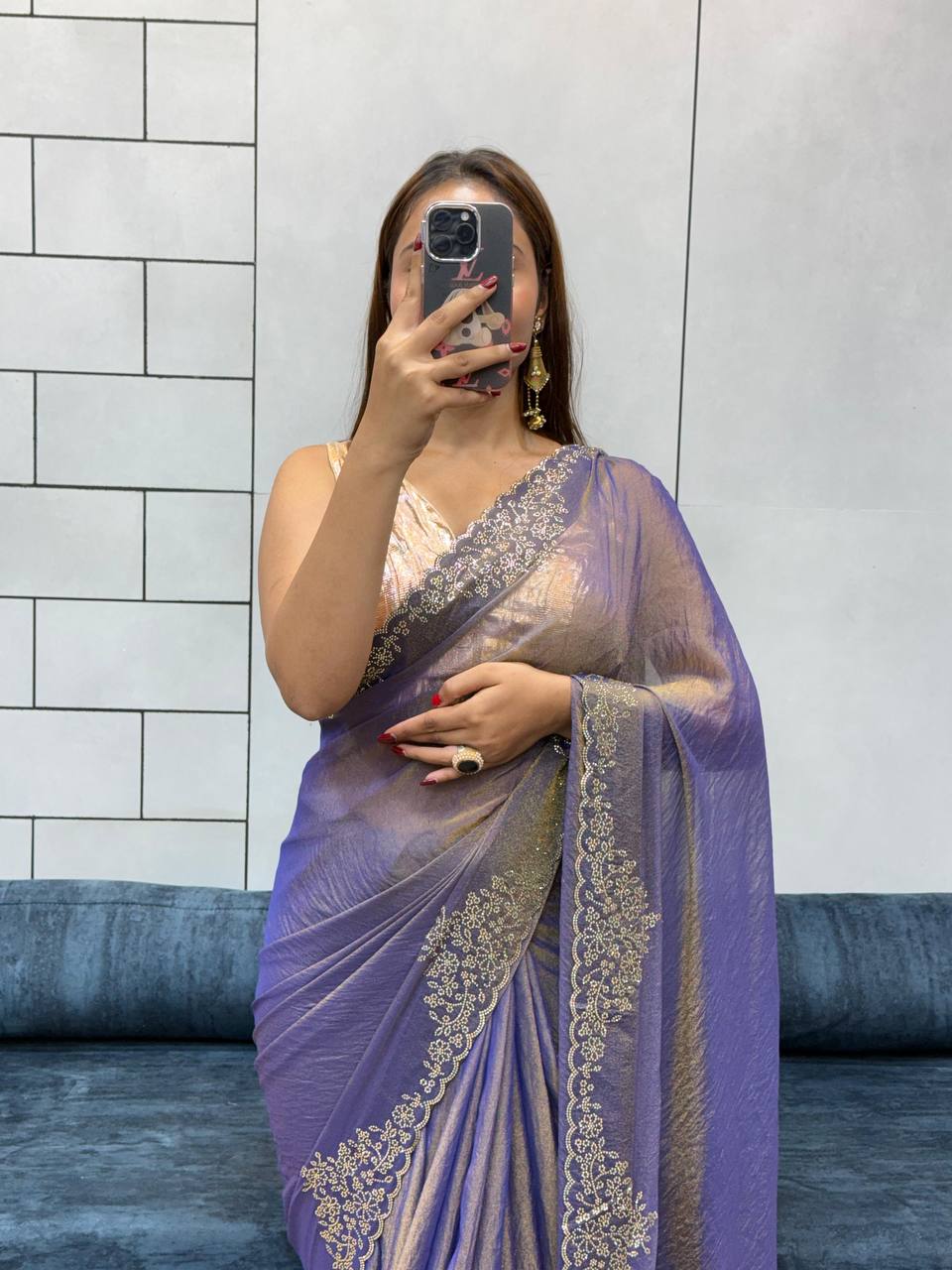 Purplish Blue Two Tone Golden Moss Fendy Space Silk Saree