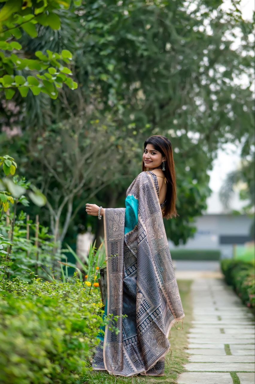 Rama Madhubani Printed Tussar Silk Saree