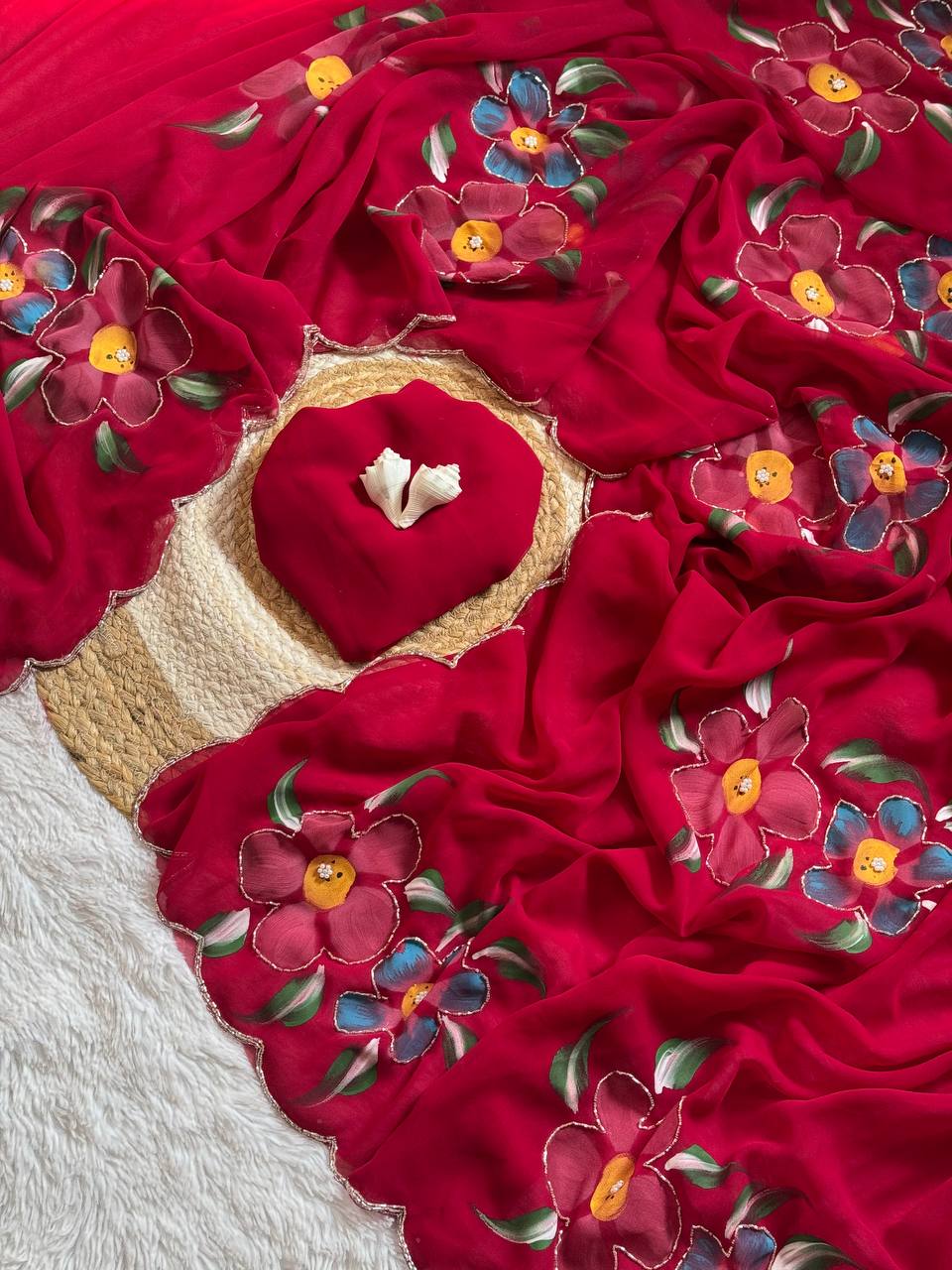 Red Hand Printed Georgette Saree