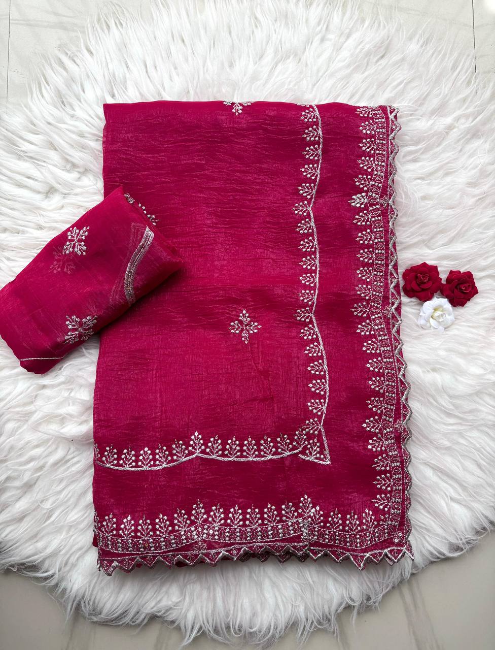 Rani Pink Designer Crunchy Silk Saree