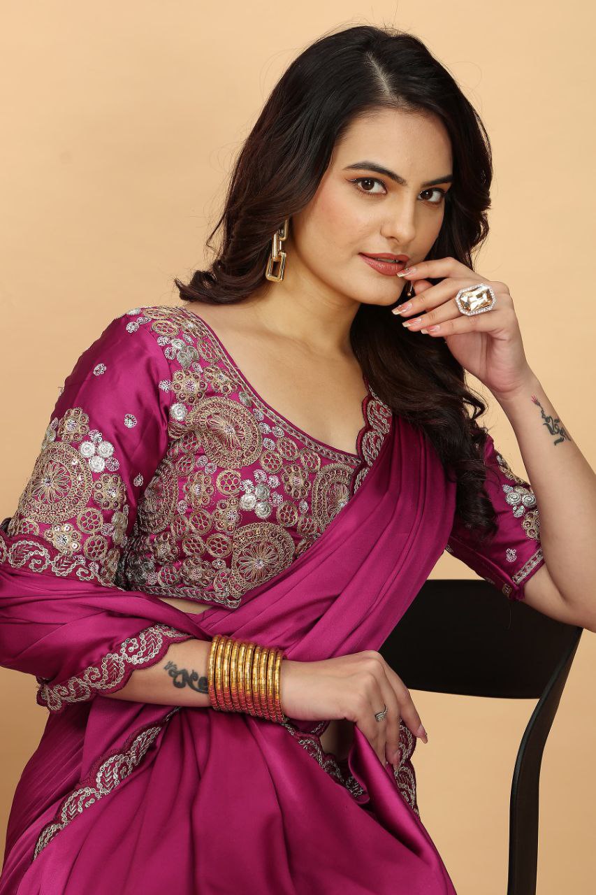 Rani Pink Designer Japan Satin Saree