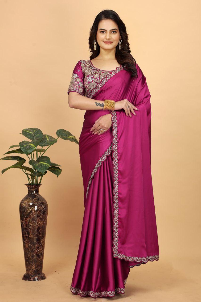 Rani Pink Designer Japan Satin Saree