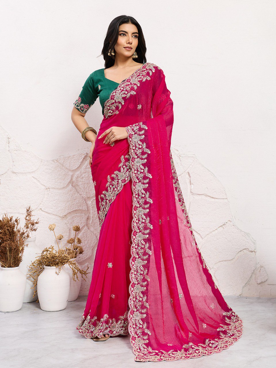Rani Pink Party Wear Soft Space Silk Saree