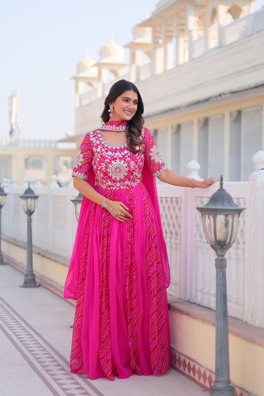 Rani Pink Traditional Indian Gown Dress With Dupatta