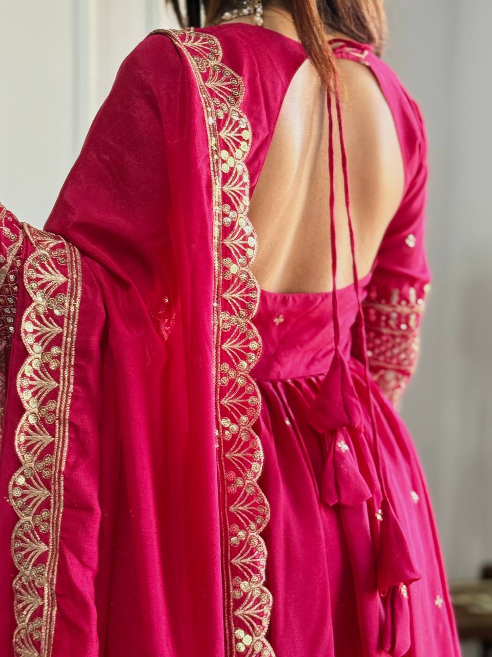 Rani Pink Vichitra Silk Gown With Dupatta & Pent