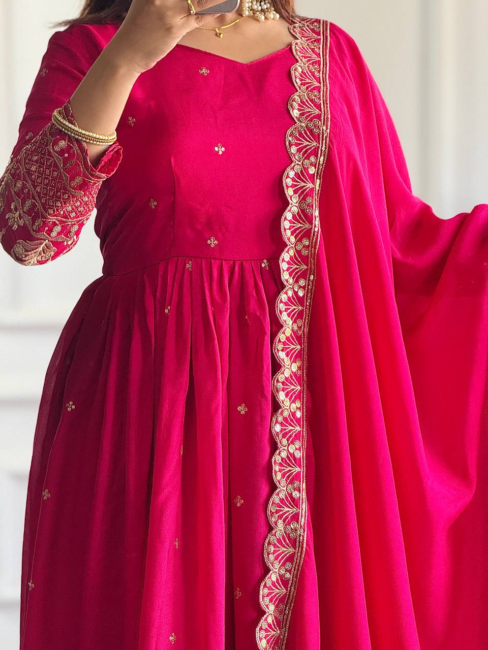 Rani Pink Vichitra Silk Gown With Dupatta & Pent