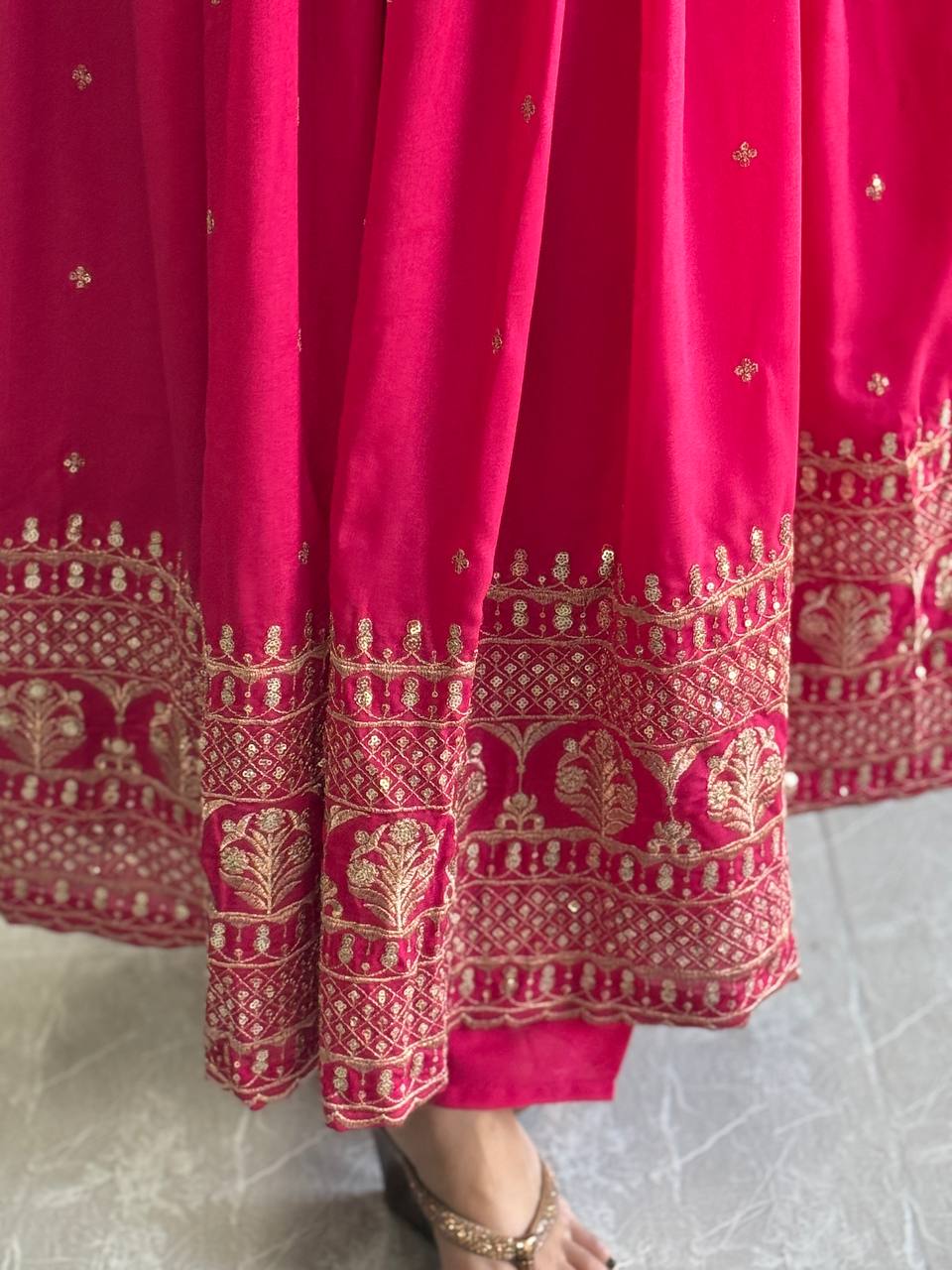 Rani Pink Vichitra Silk Gown With Dupatta & Pent