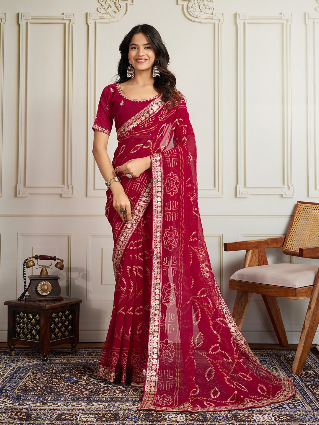 Rani Rajwadi Bandhej Printed Georgette Saree