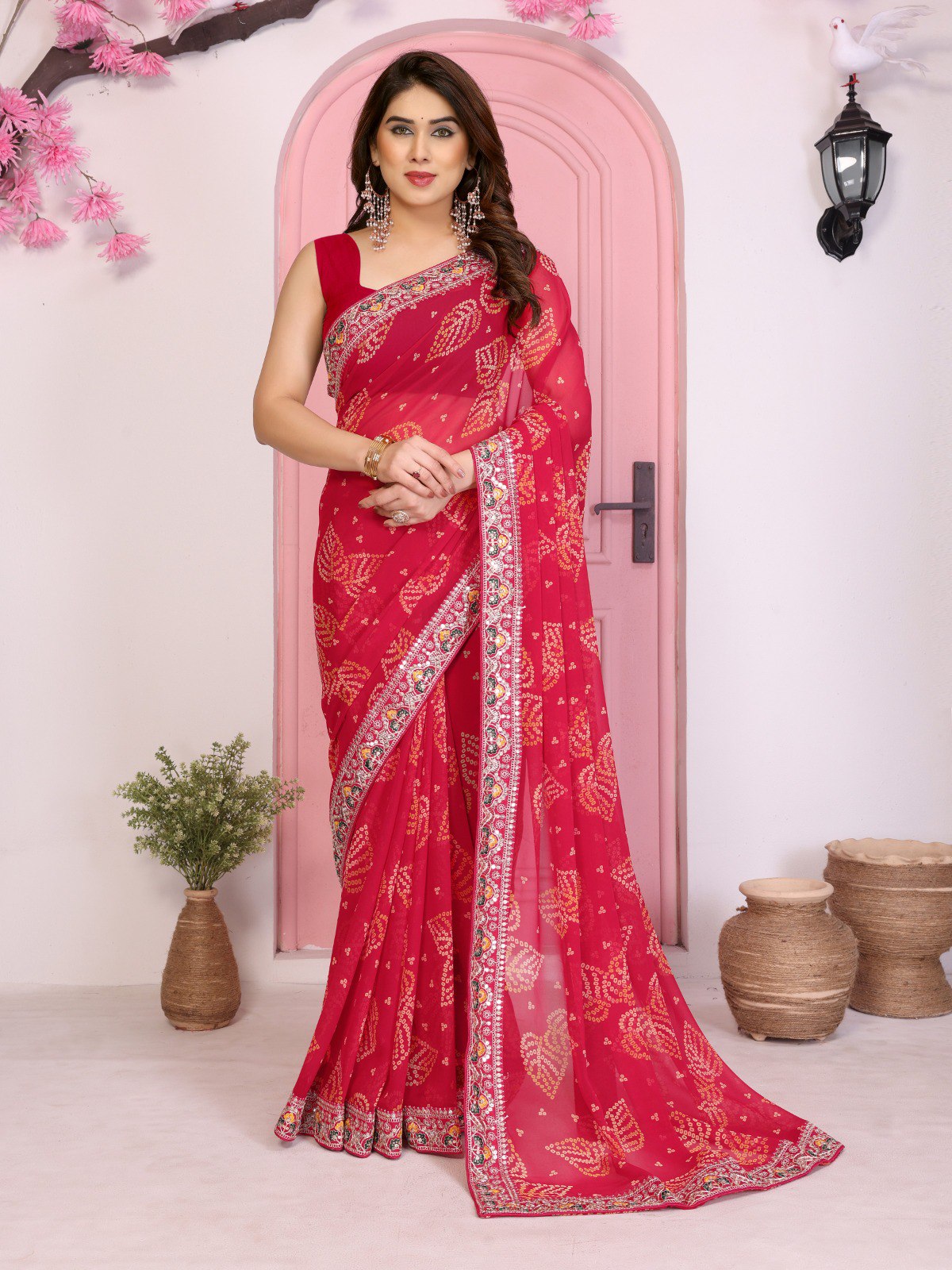 Rani Rajwadi Bandhej Printed Georgette Saree