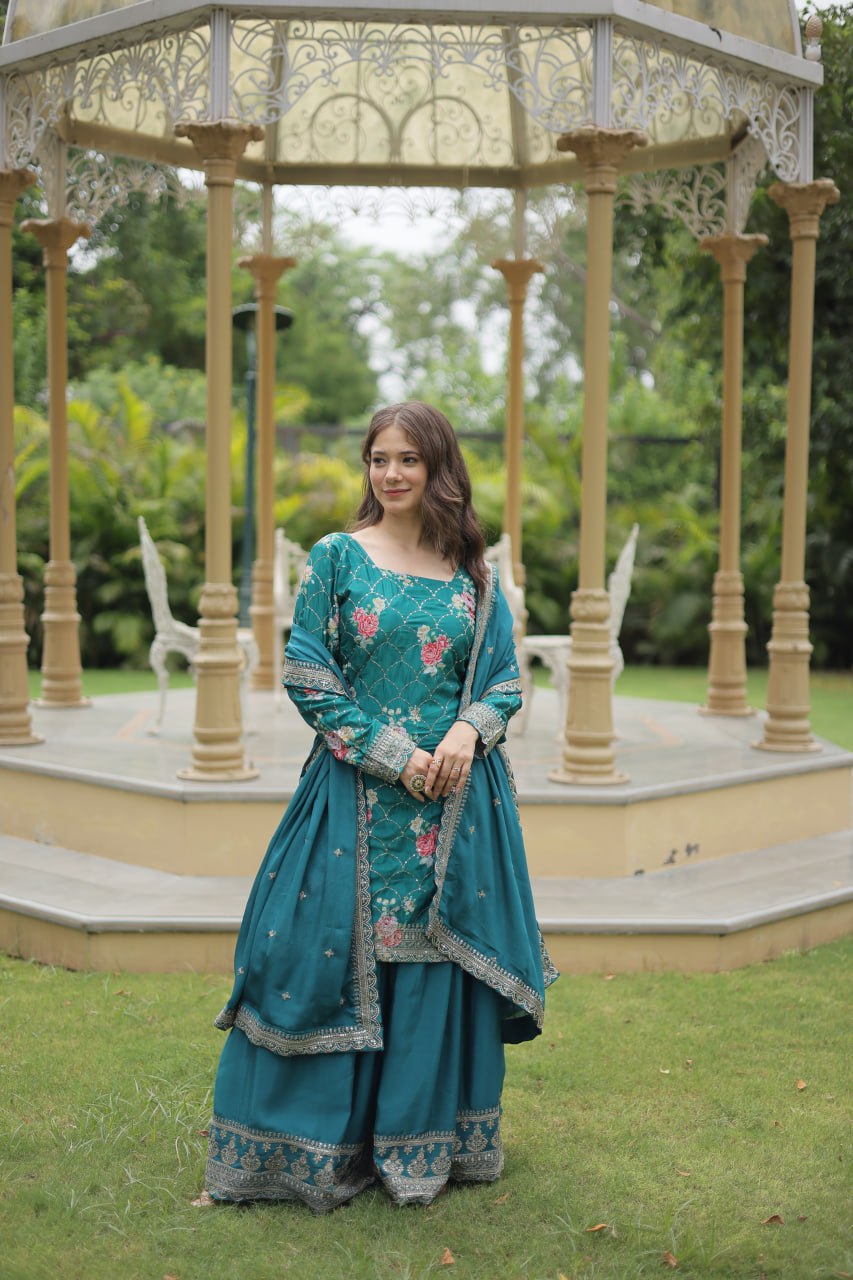 Teal Ready Made Kurta Plazzo With Dupatta