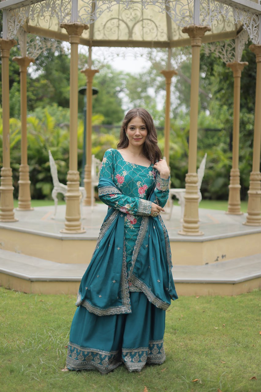 Teal Ready Made Kurta Plazzo With Dupatta