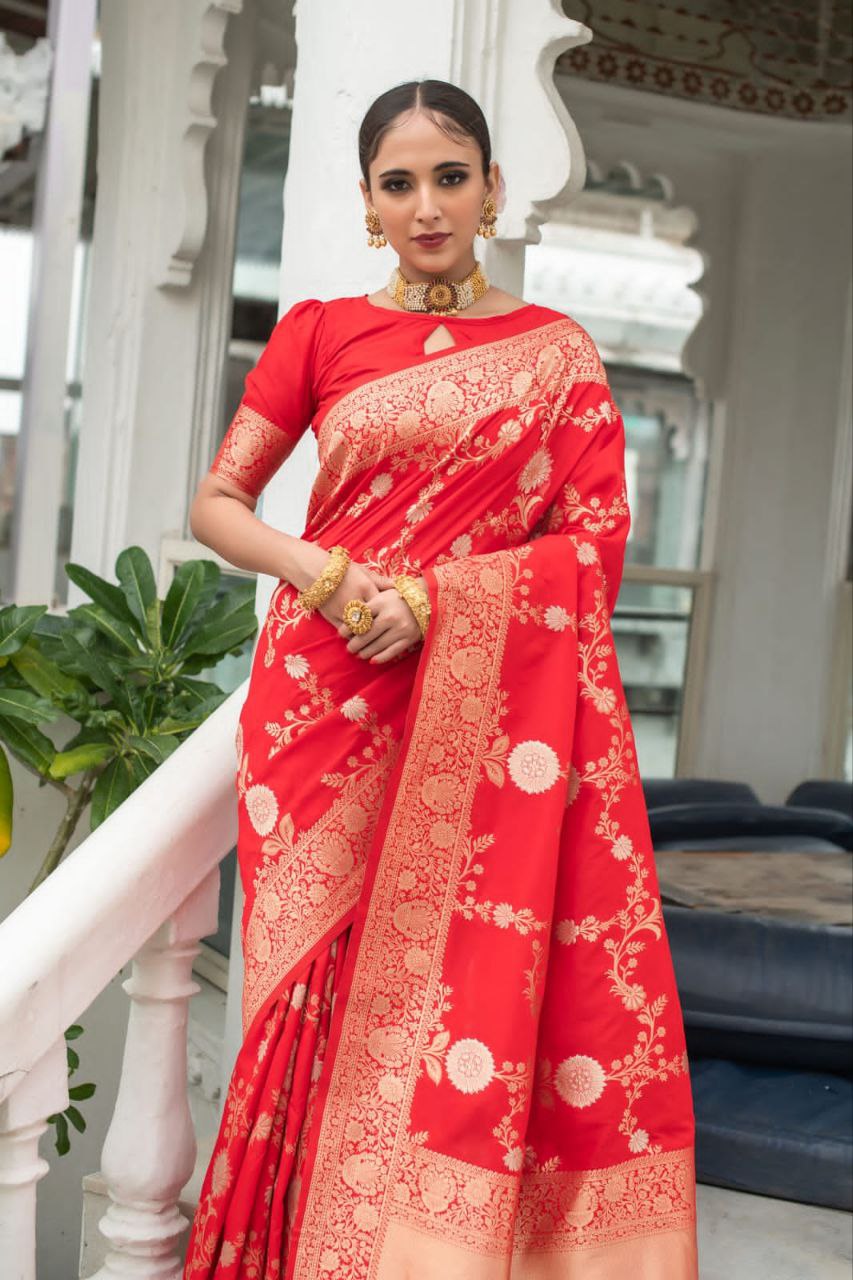 Red Banarasi Katan Silk Saree