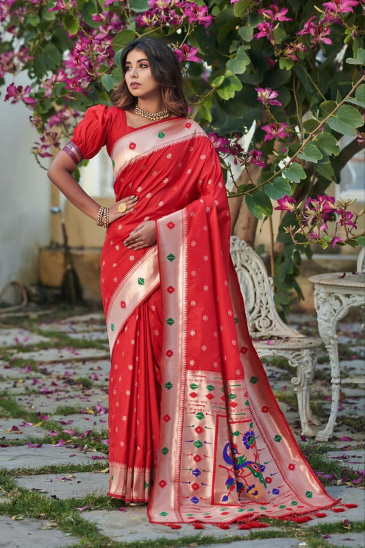 Red Banarasi Soft Silk Paithani Saree