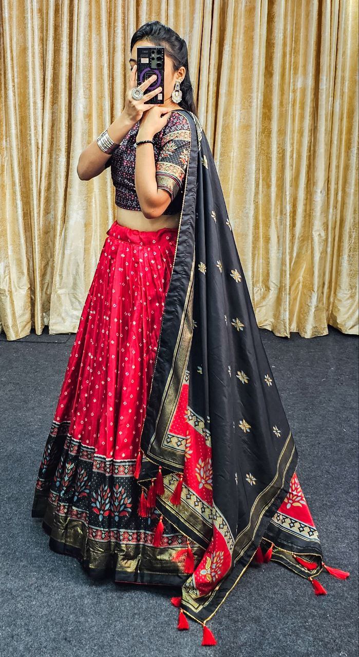 Red & Black Wedding Wear Tussar Silk Lehenga