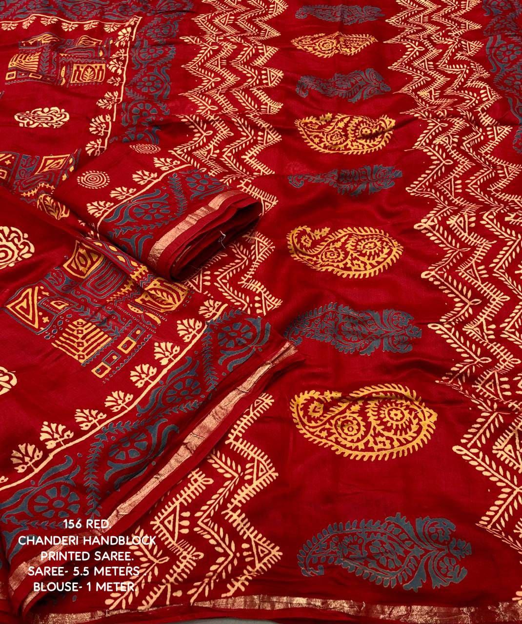 Red Block Printed Chanderi Cotton Saree