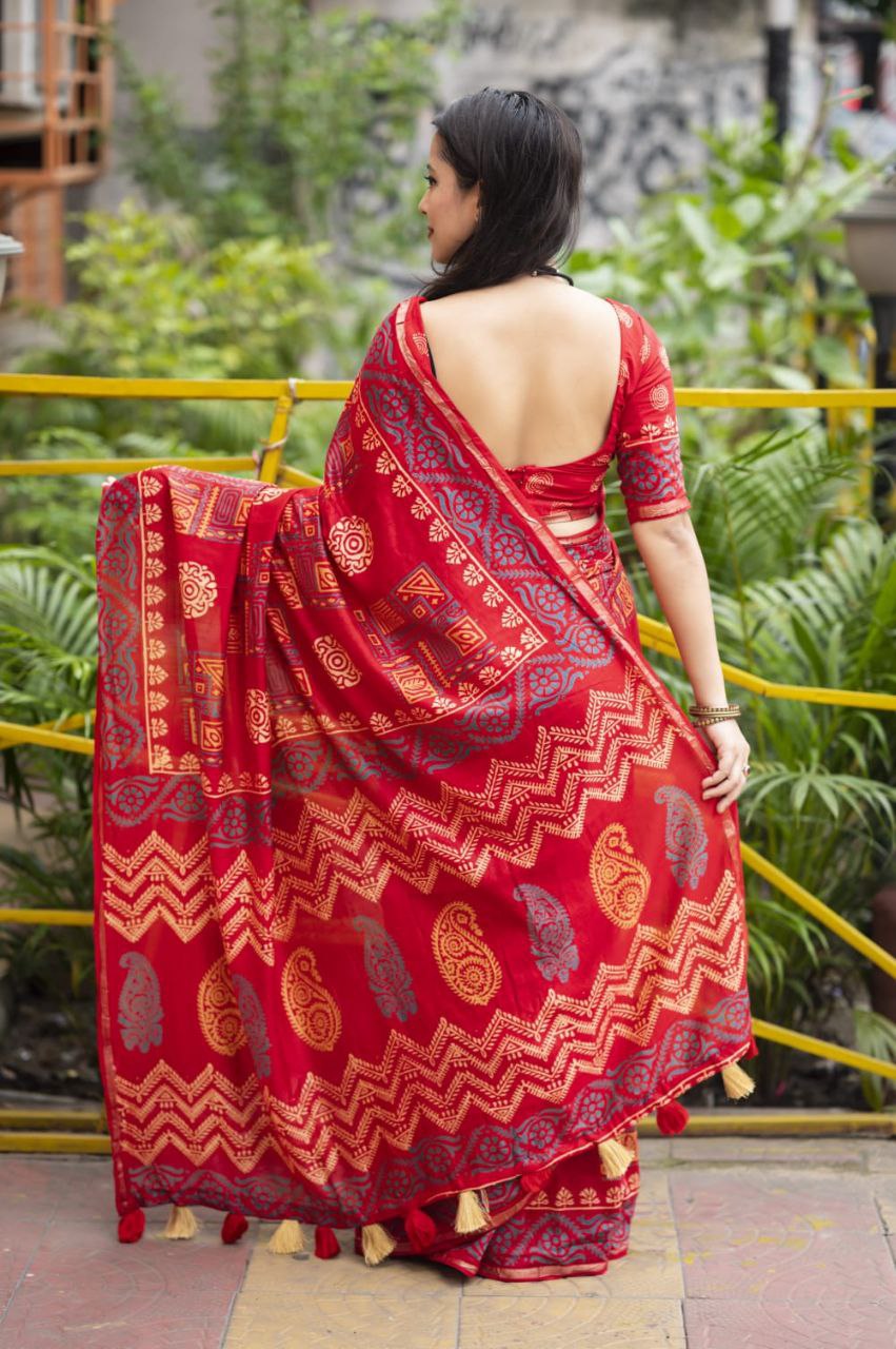 Red Block Printed Chanderi Cotton Saree