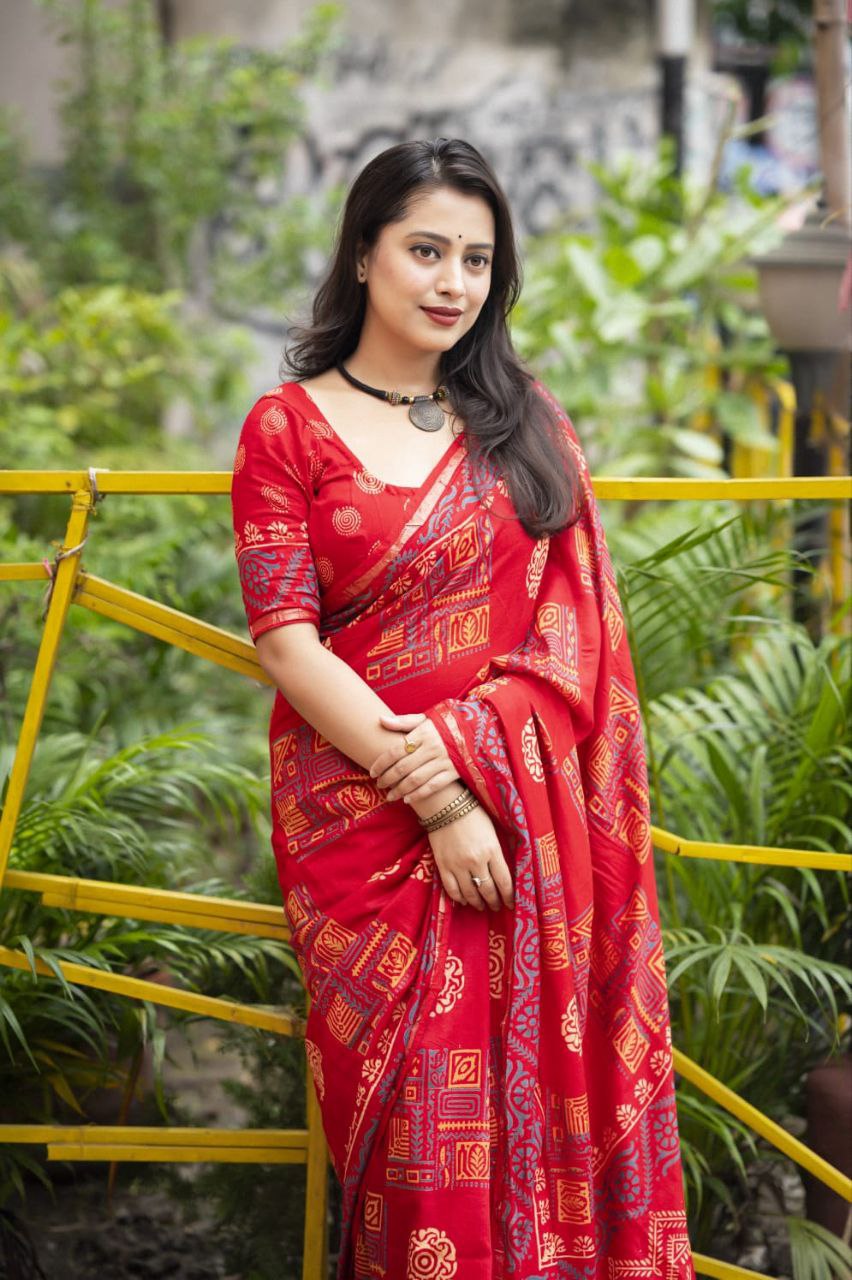 Red Block Printed Chanderi Cotton Saree