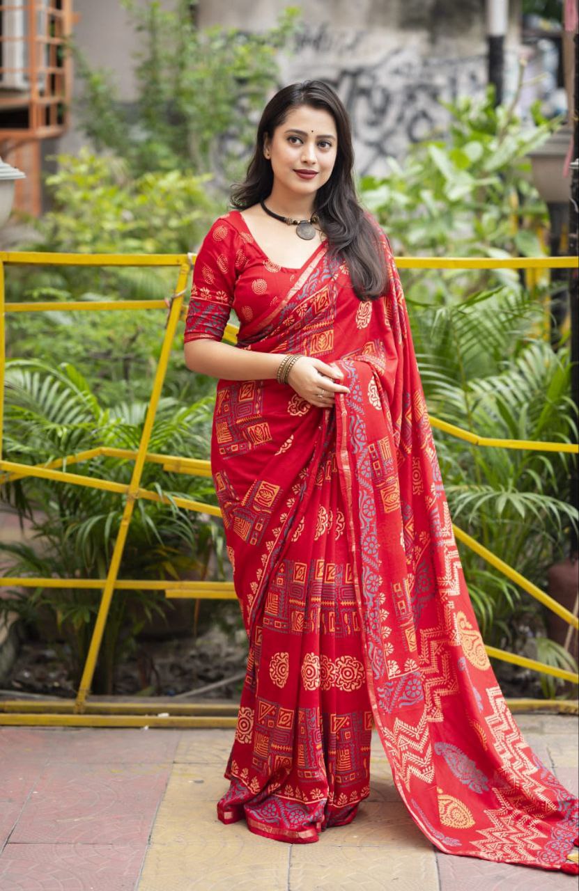 Red Block Printed Chanderi Cotton Saree